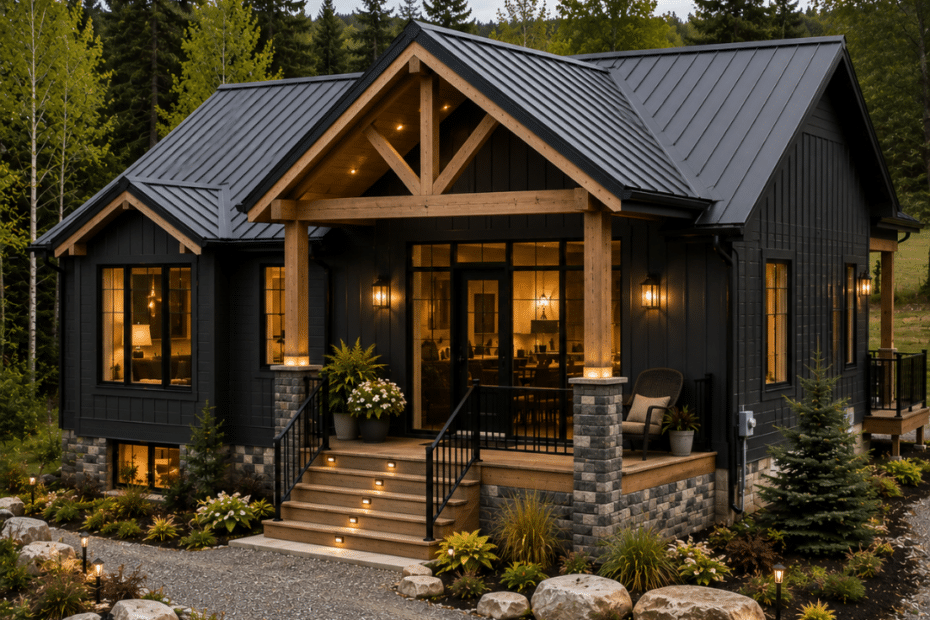 Prefab cottages Belleville modern four-season prefab cottage on a rural Hastings County property showing a completed home with landscaped grounds, gravel driveway, permanent foundation and serviced lot.