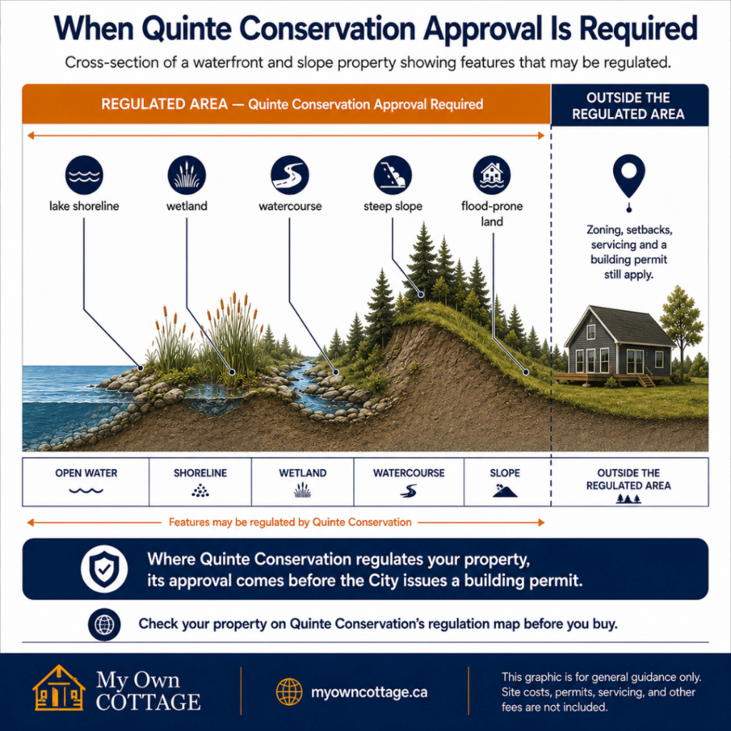 Prefab cottages Belleville cross-section showing Quinte Conservation regulated features including lake shoreline, wetland, watercourse, steep slope and flood-prone land, with areas outside the regulated area where zoning, servicing and building permit requirements still apply.