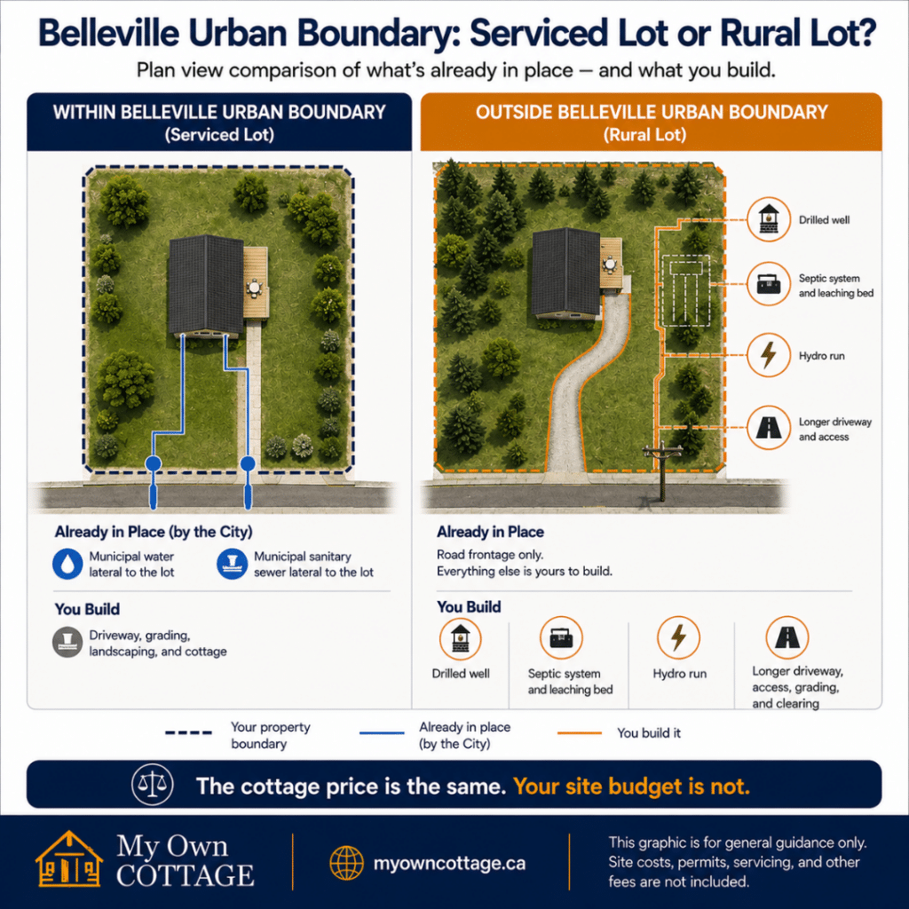Prefab cottages Belleville plan view comparing a serviced lot within the Belleville urban boundary with a rural lot requiring a drilled well, septic system, hydro run and longer driveway.
