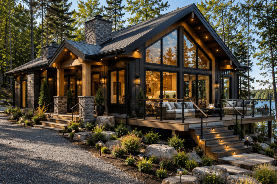 Prefab cottages Bobcaygeon modern four-season luxury cottage on a treed waterfront lot with a gravel driveway, permanent foundation, landscaped approach, and contemporary black-and-timber exterior.