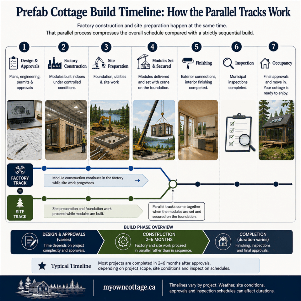 Prefab cottages Bobcaygeon build timeline infographic showing factory construction and site preparation progressing in parallel before module installation, finishing, inspections, and occupancy.