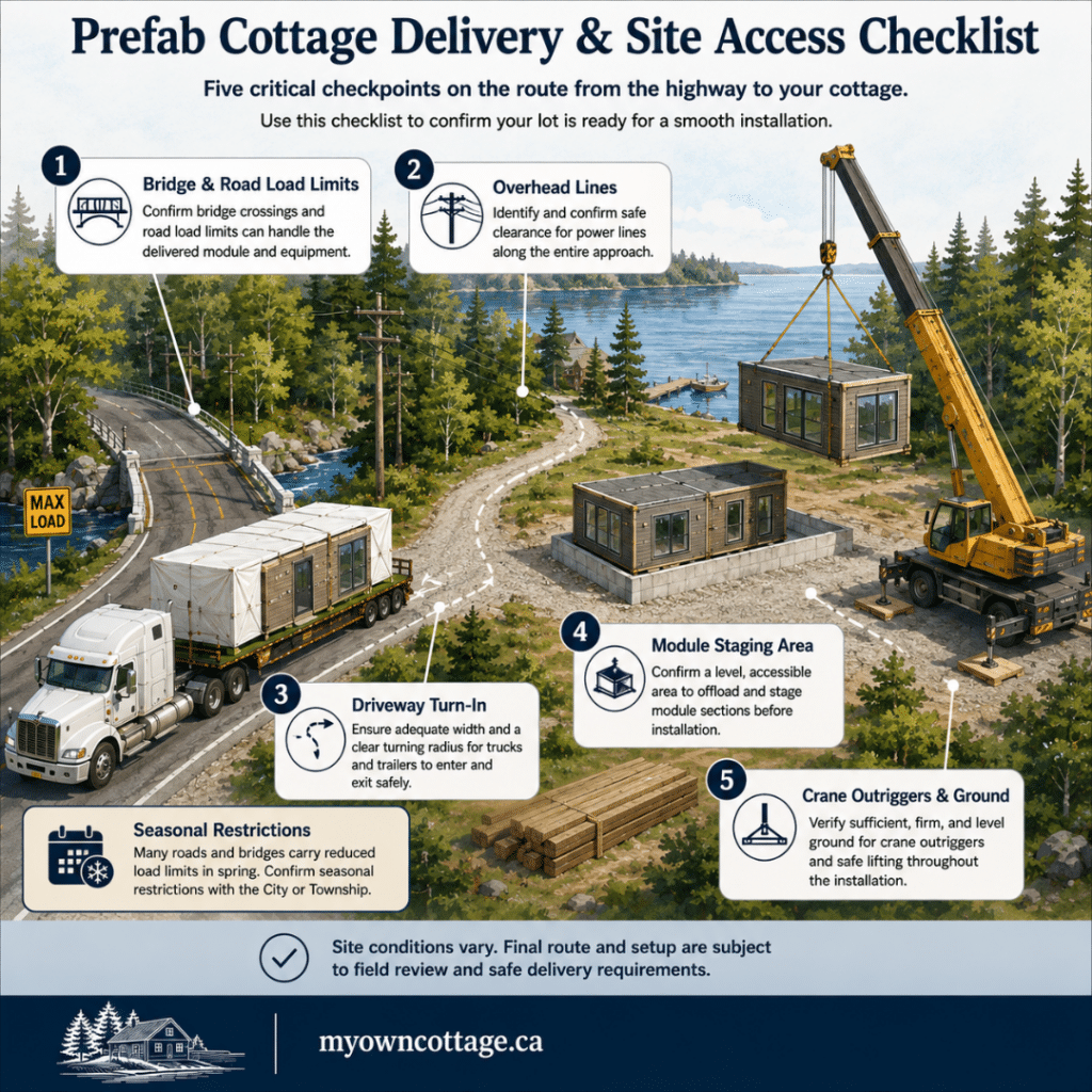 Prefab cottages Bobcaygeon site access checklist showing bridge and road load limits, overhead utility lines, driveway turn-in, module staging area, crane outrigger ground, and seasonal delivery restrictions.