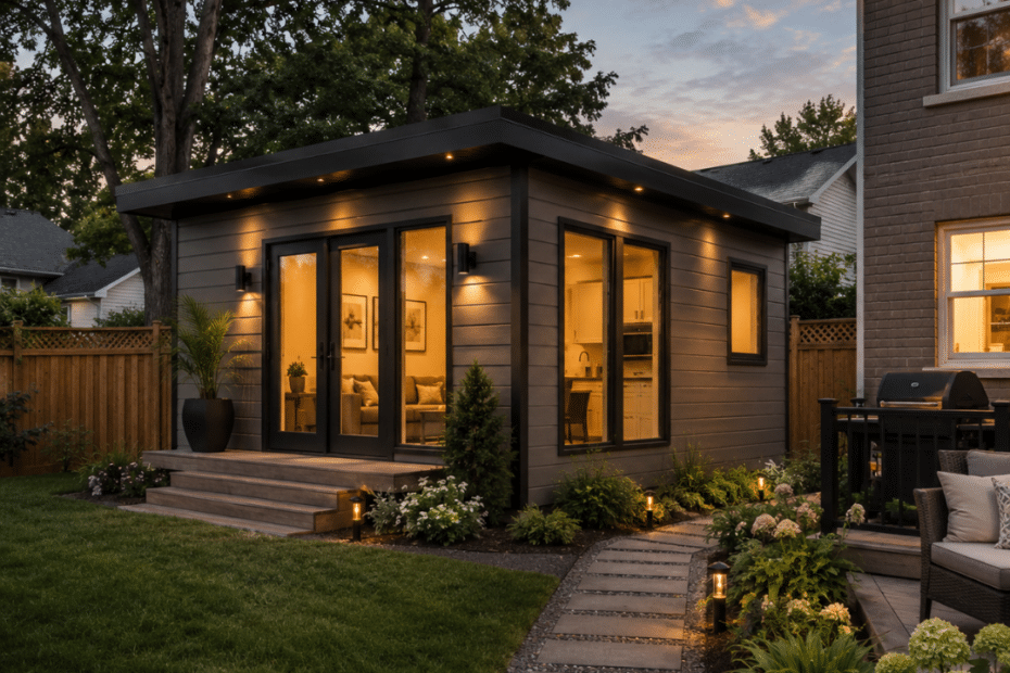 Prefab cottages Brampton featuring a modern backyard garden suite on a permanent foundation behind a suburban home with landscaped grounds and a private walkway