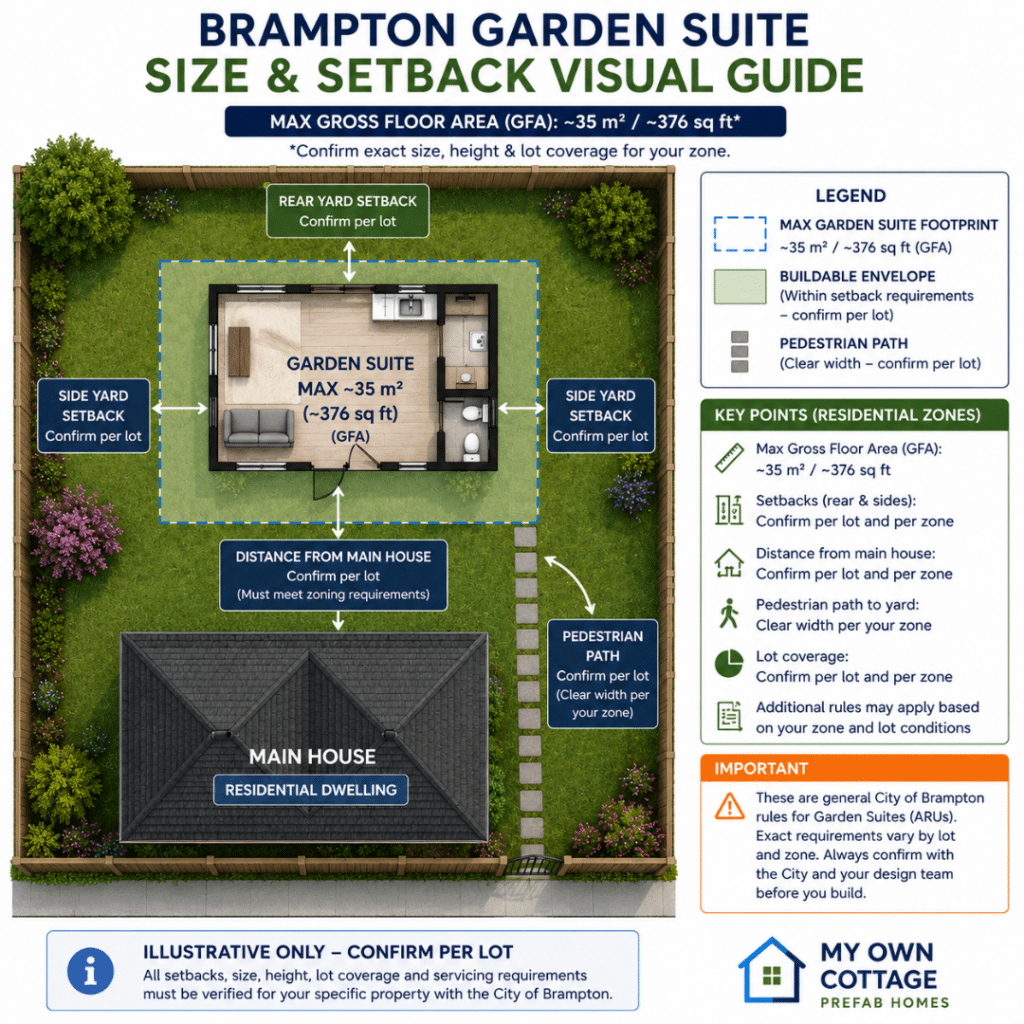 Prefab cottages Brampton diagram illustrating a backyard garden suite footprint, buildable envelope, pedestrian access, and setback zones for a residential lot, with dimensions to be confirmed per property and zoning