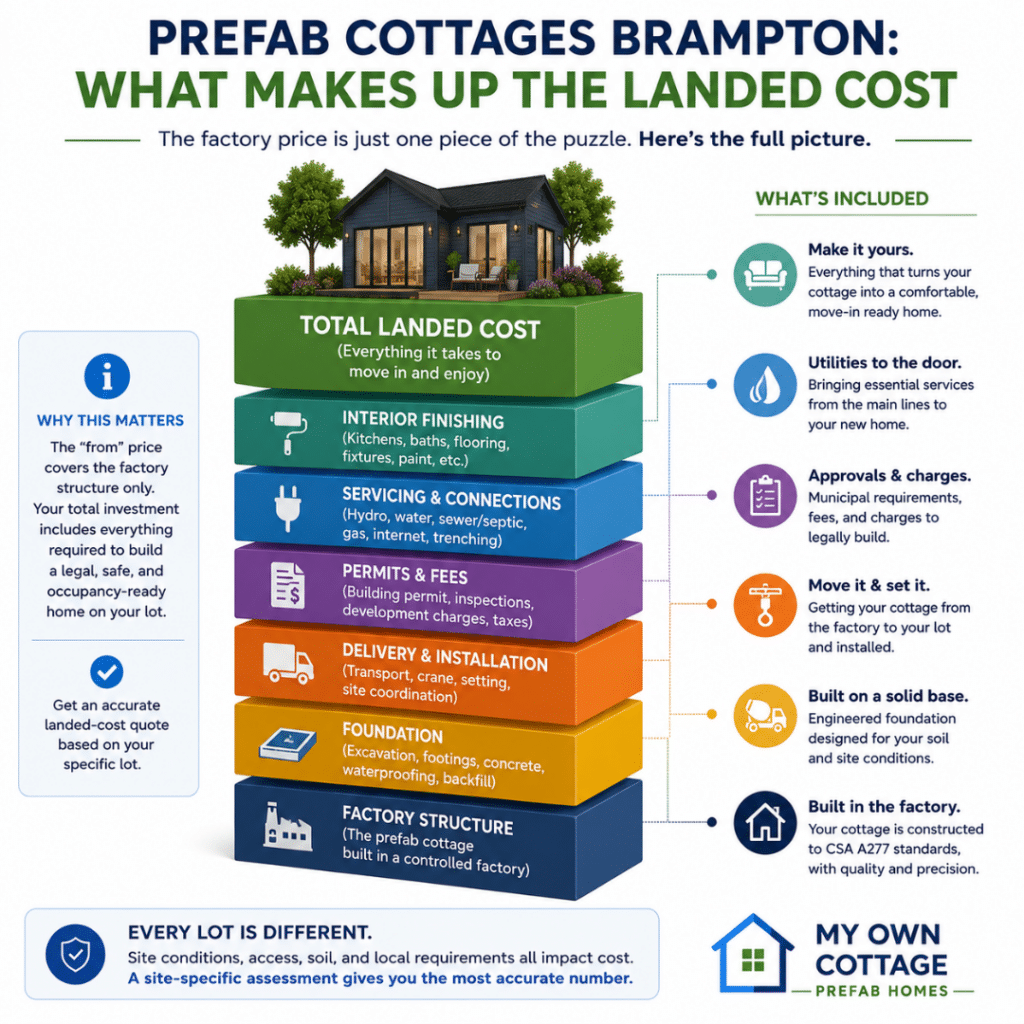Prefab cottages Brampton infographic showing how the total landed cost includes the factory-built home, foundation, delivery and installation, site servicing, permits, fees, finishing, and move-in-ready costs