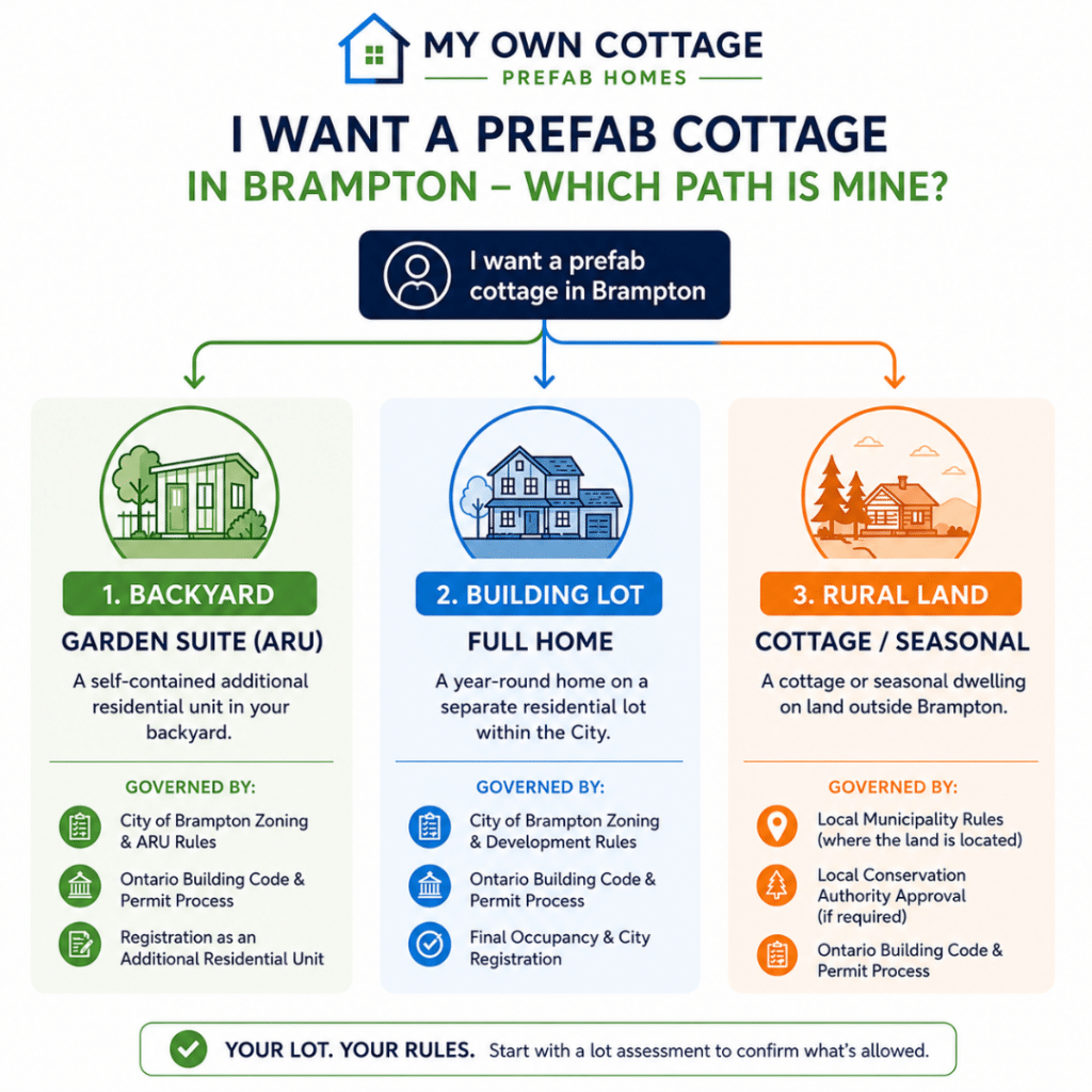 Prefab cottages Brampton decision diagram showing three development paths: backyard garden suite (ARU), building lot home, or rural land cottage, with the governing rules for each