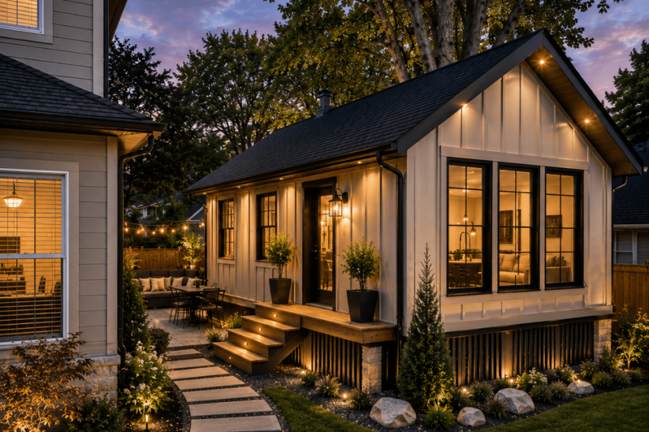 Prefab cottages Brantford: modern backyard prefab cottage on a permanent raised foundation behind an existing Brantford home, showing landscaped access, mature trees and a suburban residential lot.