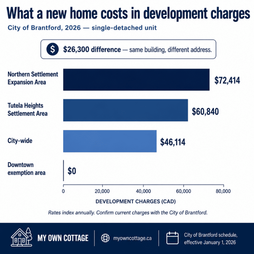 Prefab cottages Brantford development charges by area showing 2026 City of Brantford charges for a new single-detached home: $46,114 city-wide, $60,840 in Tutela Heights Settlement Area, $72,414 in the Northern Settlement Expansion Area, and a downtown exemption area