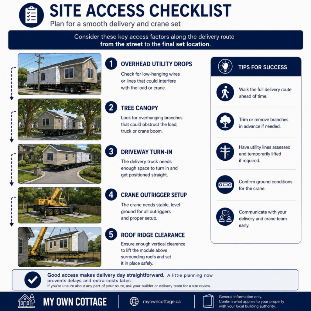 Prefab cottages Brantford site access checklist showing the delivery sequence for a modular cottage, including overhead utility lines, tree canopy, driveway turn-in, crane outrigger setup and roof ridge clearance before installation.