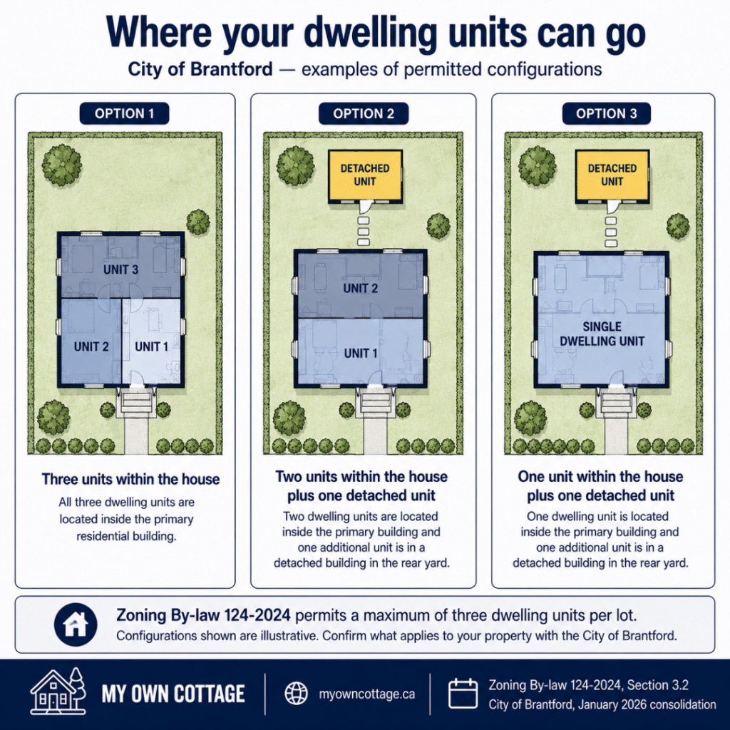 Prefab cottages Brantford permitted dwelling unit configurations showing three examples under City of Brantford Zoning By-law 124-2024: three units within one house, two units plus one detached backyard unit, and one unit plus one detached backyard unit.