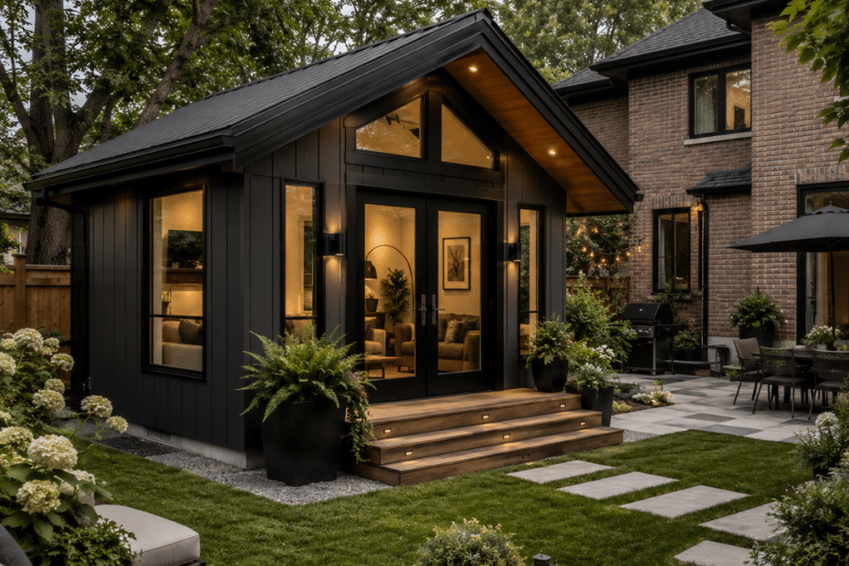 Prefab cottages Burlington: modern prefab cottage on a permanent foundation in an established Burlington backyard with a brick home, mature trees, and landscaped yard.