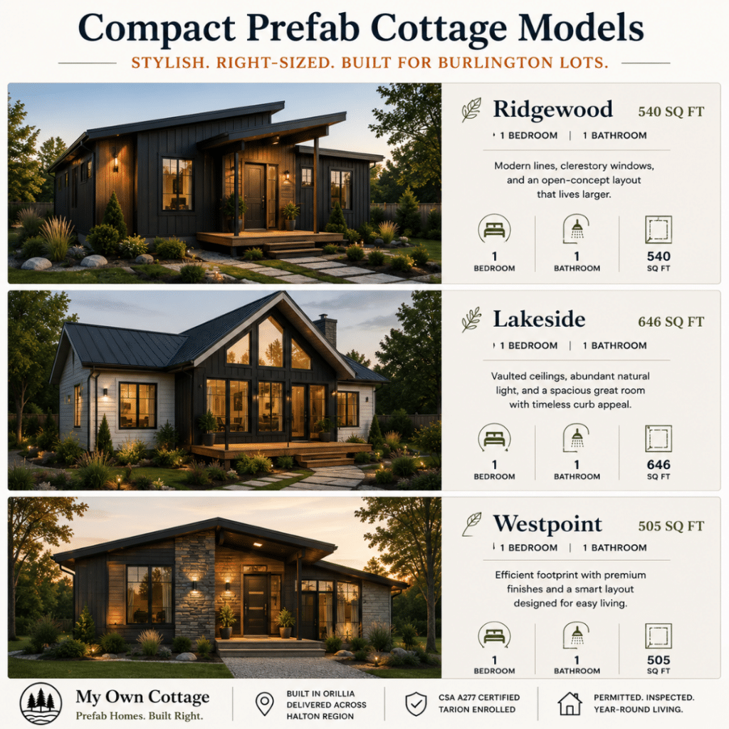 Prefab cottages Burlington comparison showing three compact prefab cottage models for Burlington and Halton lots, with modern exterior designs, floor areas, and one-bedroom layouts.