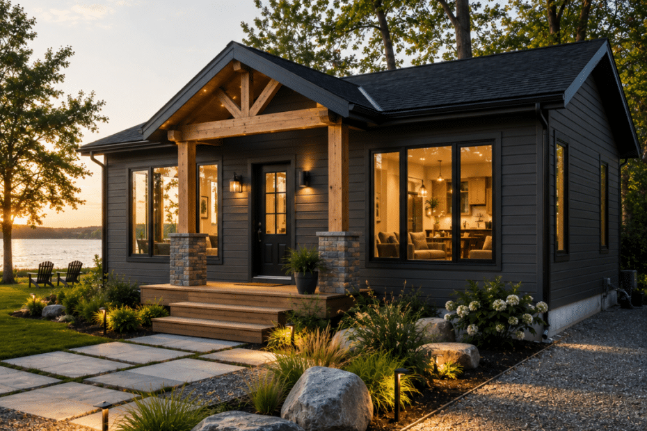 Prefab cottages Cobourg featuring a modern four-season modular cottage on a permanent foundation with contemporary architecture and landscaped grounds near Lake Ontario in Northumberland County