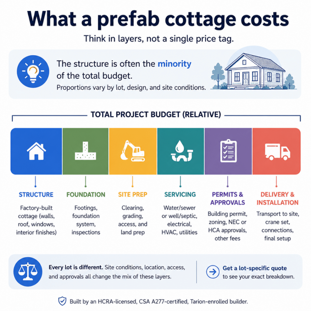 Prefab cottages Hamilton cost breakdown infographic showing the structure as one layer of the total project budget alongside foundation, site preparation, servicing, permits, and delivery