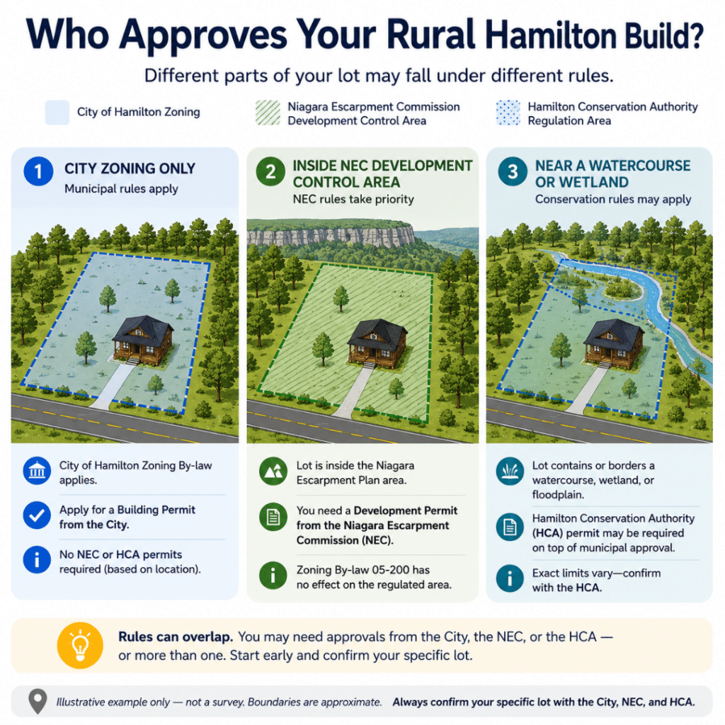 Prefab cottages Hamilton diagram showing when a rural Hamilton lot is governed by City of Hamilton zoning, the Niagara Escarpment Commission (NEC), or the Hamilton Conservation Authority before building