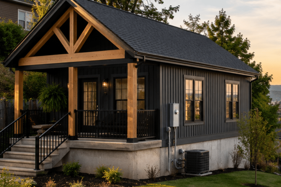 Prefab cottages Hamilton showing a modern four-season prefab cottage on a permanent foundation with a landscaped lot, serviced site, and Hamilton, Ontario city skyline in the background