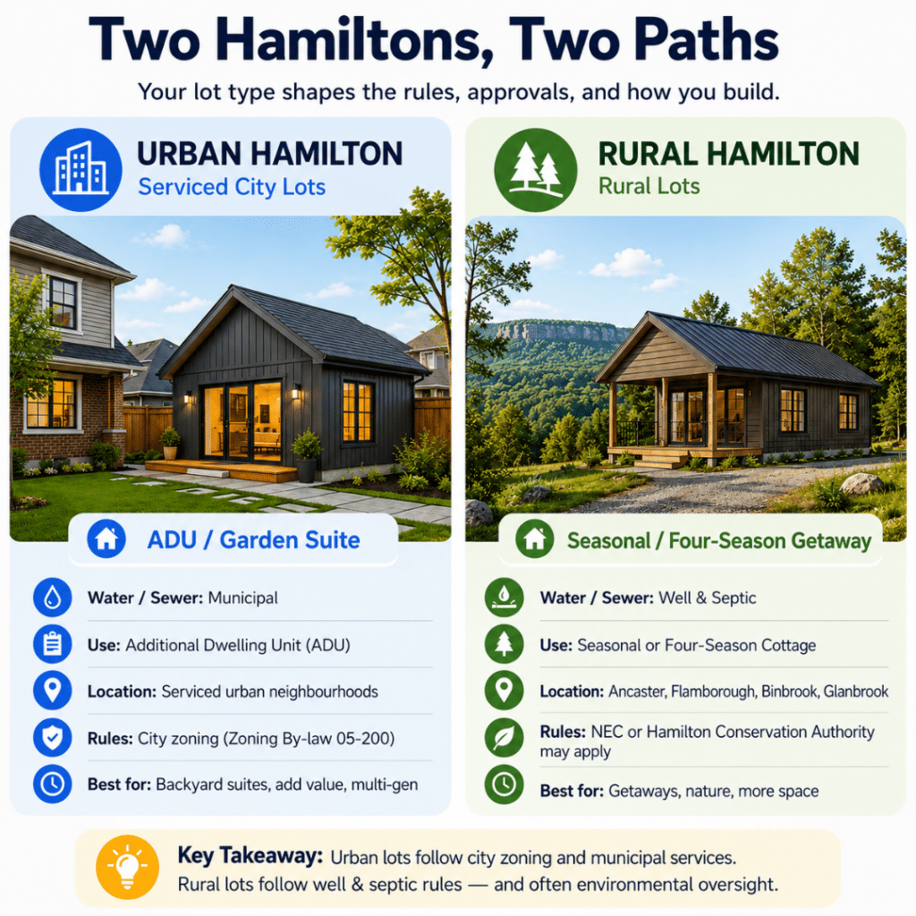 Prefab cottages Hamilton comparison diagram showing the differences between an urban serviced lot with an ADU or garden suite and a rural Hamilton lot with a well, septic system, and standalone four-season cottage