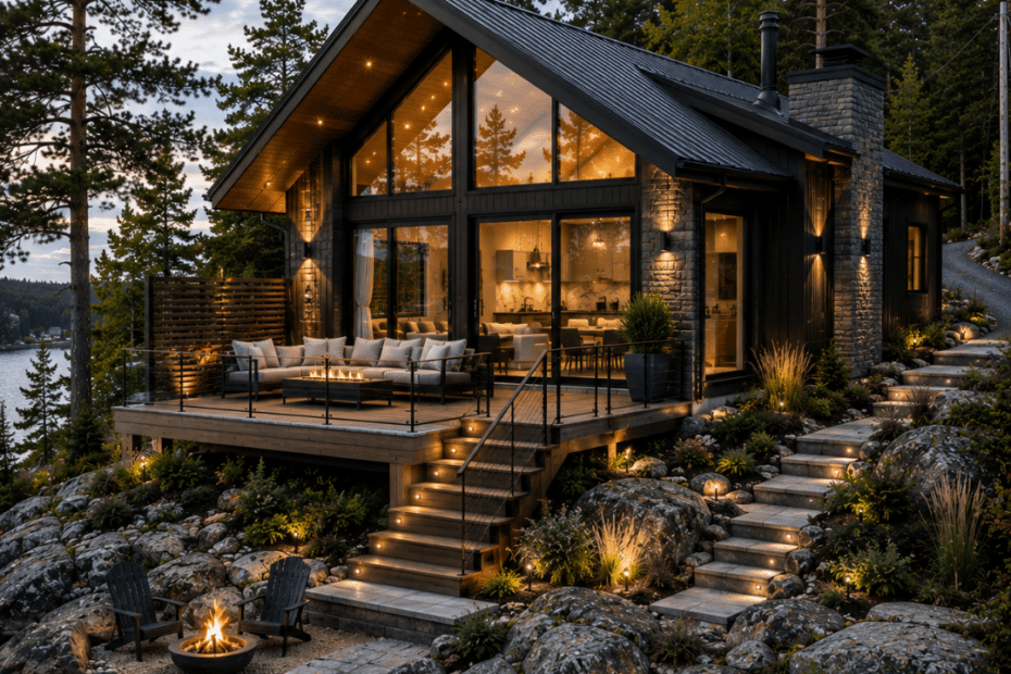 Prefab cottages Kingston modern four-season cottage on a rocky shoreline lot with a permanent foundation, contemporary architecture, landscaped granite terrain, mature trees and waterfront setting.