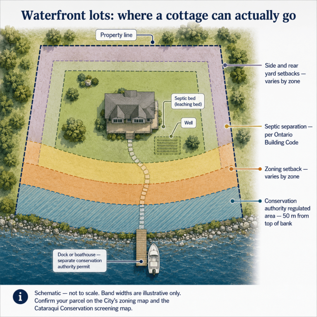 Prefab cottages Kingston waterfront lot plan showing the buildable envelope after the 50-metre conservation authority regulated area, zoning setbacks, septic separation requirements and side and rear yard setbacks are applied.