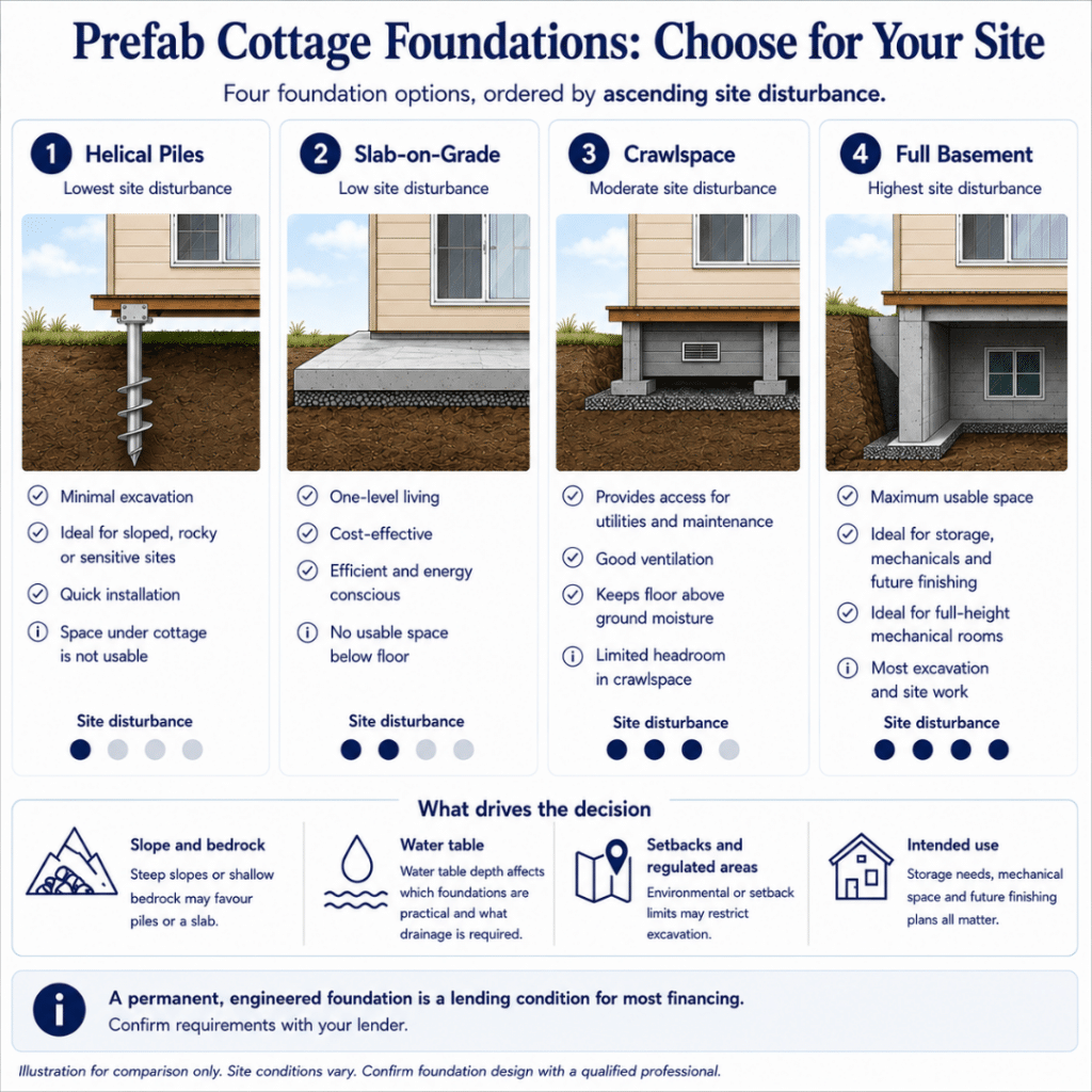 Prefab cottages Pembroke comparison of four foundation options showing cross-sections of helical piles, slab-on-grade, crawlspace and full basement, ordered by site disturbance and influenced by slope, bedrock, water table and site conditions.