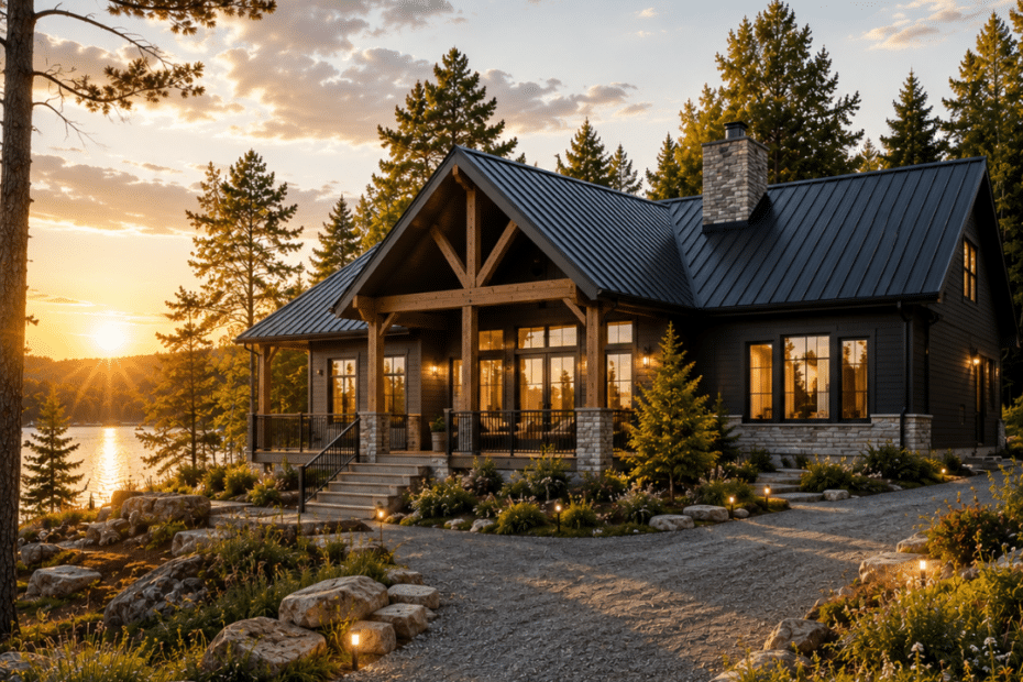 Prefab cottages Pembroke completed on a rural Ottawa Valley property with a gravel driveway, cleared building area, natural grade changes and mature mixed forest surrounding a finished prefab cottage.