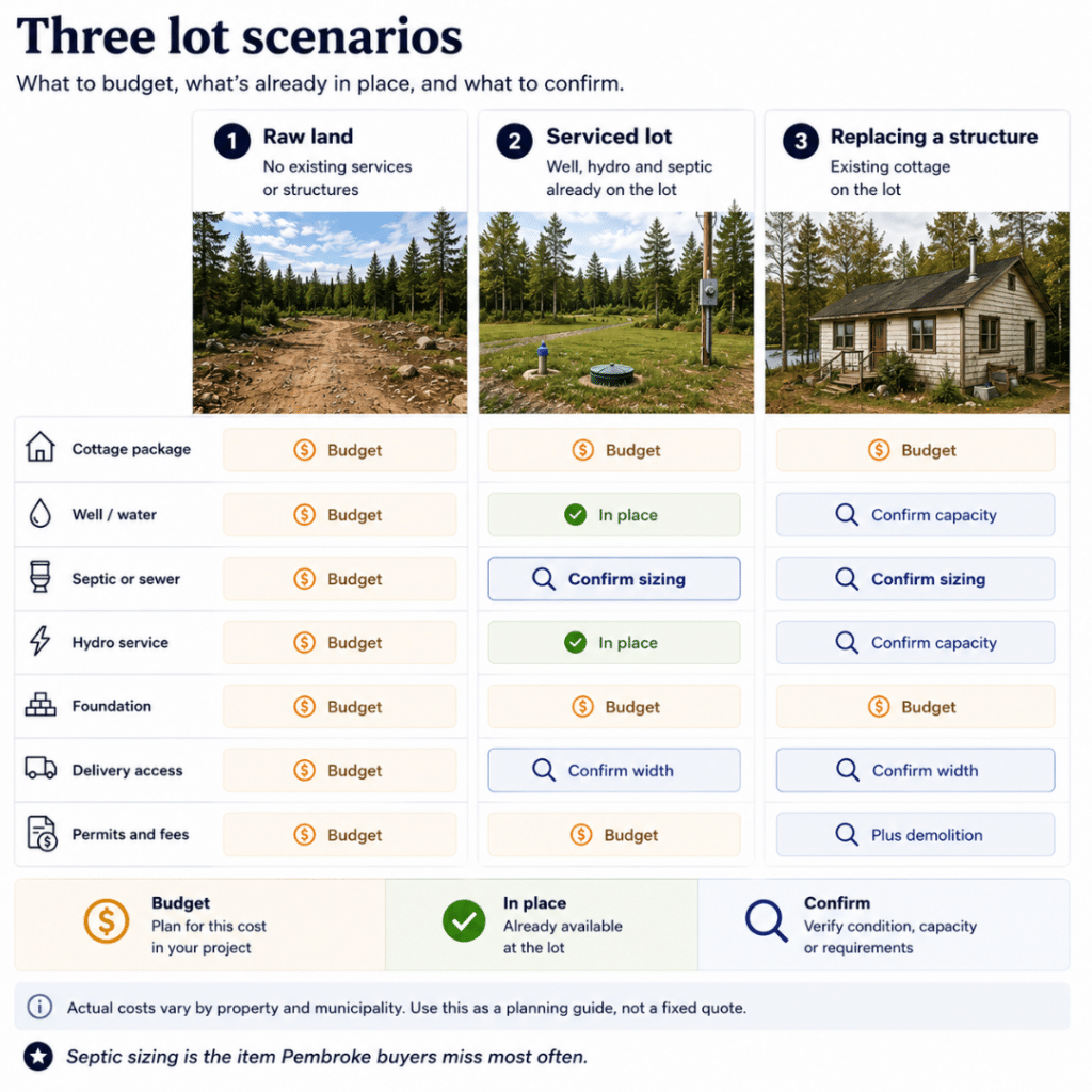 Prefab cottages Pembroke comparison showing project costs for raw land, a serviced rural lot, and replacing an existing cottage, including well, septic, hydro, foundation, delivery access, permits and site preparation.