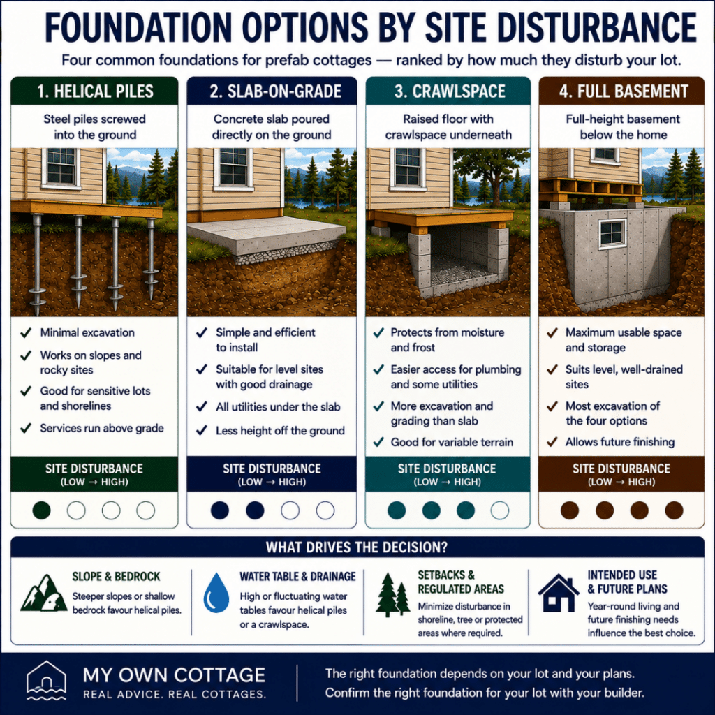Prefab cottages Petawawa foundation comparison showing helical piles, slab-on-grade, crawlspace and full basement foundations ranked by site disturbance, with the key factors that influence foundation selection.