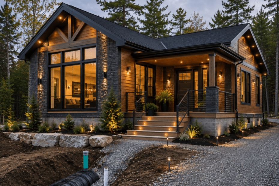Prefab cottages Petawawa hero image showing a modern four-season prefab cottage on a permanent foundation with a gravel driveway, visible site servicing and a cleared rural lot in the Ottawa Valley.