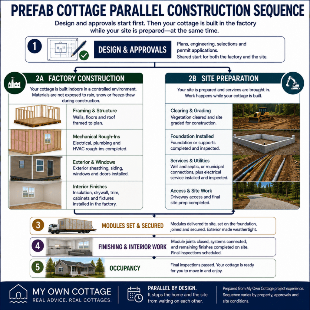 Prefab cottages Petawawa construction sequence infographic showing design and approvals, factory construction and site preparation running in parallel before module installation, on-site finishing and occupancy.