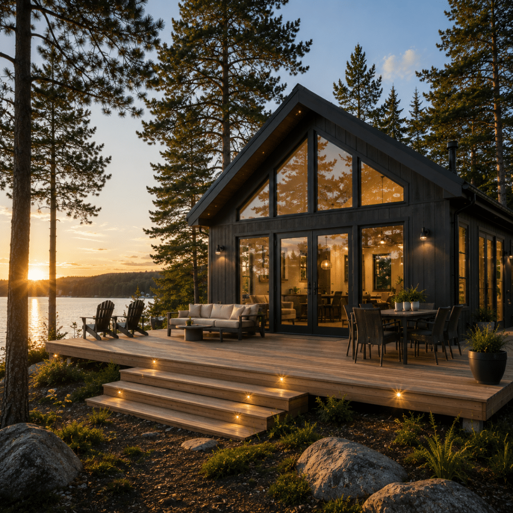 Prefab cottages Peterborough: completed prefab cottage on a real Ontario cottage-country property with a finished foundation, landscaped lot, mature trees, and lakefront setting.