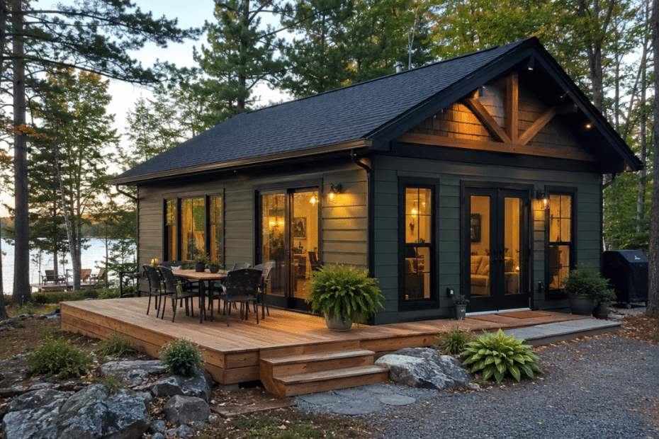 Prefab cottages Peterborough: completed prefab cottage on a wooded Peterborough County property with a finished foundation, mature trees, driveway, and lake nearby in Ontario.