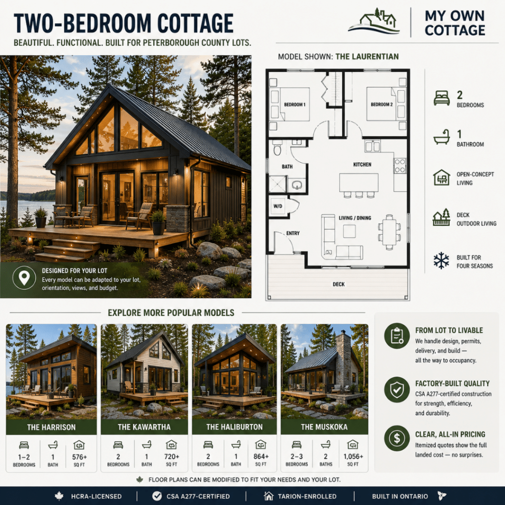 Prefab cottages Peterborough model showcase featuring a modern two-bedroom prefab cottage, floor plan, and additional cottage models designed for Peterborough County properties.