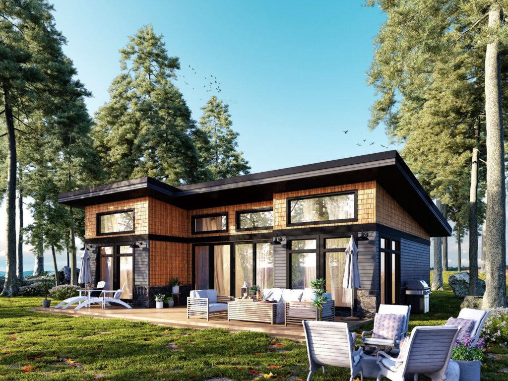 Prefab homes Huntsville Ontario Blissful Bay 1381 square foot 2 bedroom 2 bathroom My Own Cottage modular home starting at CAD $529,500 suited to Fairy Lake waterfront lot delivery on Canadian Shield bedrock terrain with screw pile foundation 2026