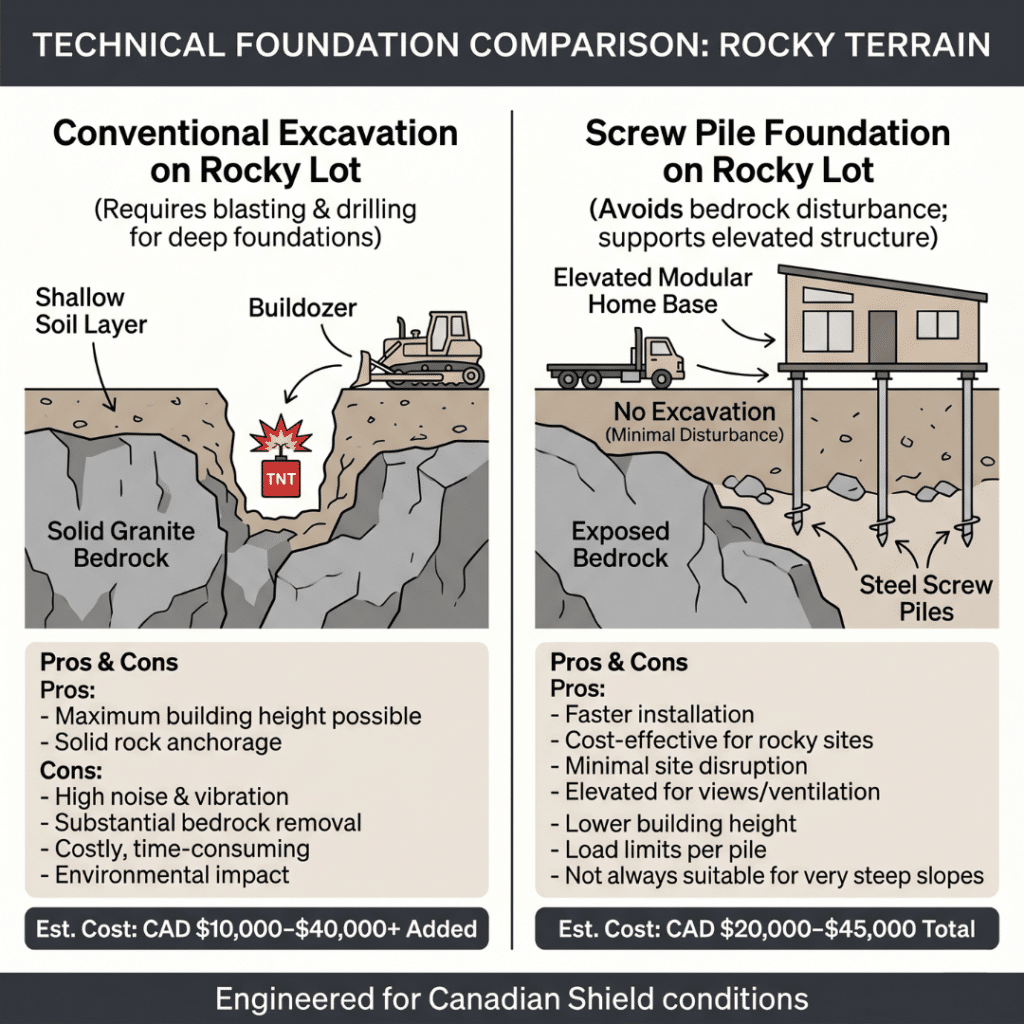 Prefab homes Huntsville Ontario infographic showing North Muskoka Canadian Shield rock premium comparing blasting excavation cost CAD $10,000 to $40,000 plus versus screw pile foundation CAD $20,000 to $45,000 on waterfront bedrock lots 2026