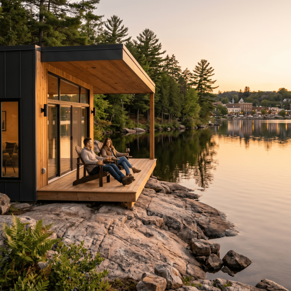 Prefab homes Huntsville Ontario lifestyle image showing couple relaxing on covered deck of modular home on Fairy Lake waterfront with Huntsville town shoreline visible in background representing North Muskoka waterfront living with urban amenities 2026