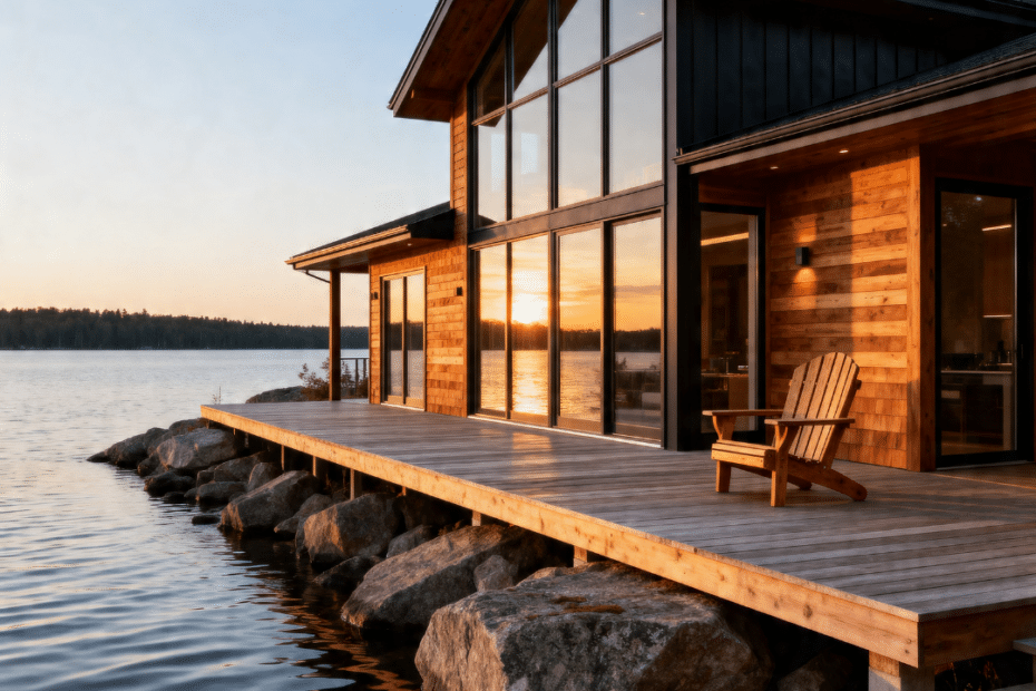 Prefab homes Huntsville Ontario completed My Own Cottage modern modular home on Fairy Lake waterfront lot with covered deck Muskoka chairs floor-to-ceiling windows and exposed Canadian Shield granite shoreline in North Muskoka golden hour setting 2026