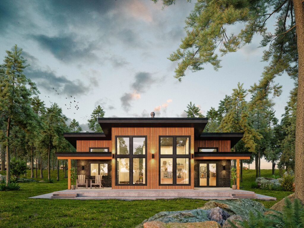 Prefab homes Huntsville Ontario Hudson 1550 square foot 3 bedroom 2 bathroom My Own Cottage modular home starting at CAD $524,500 suited to Huntsville town lot delivery on road-accessible serviced residential lot with municipal water and sewer 2026