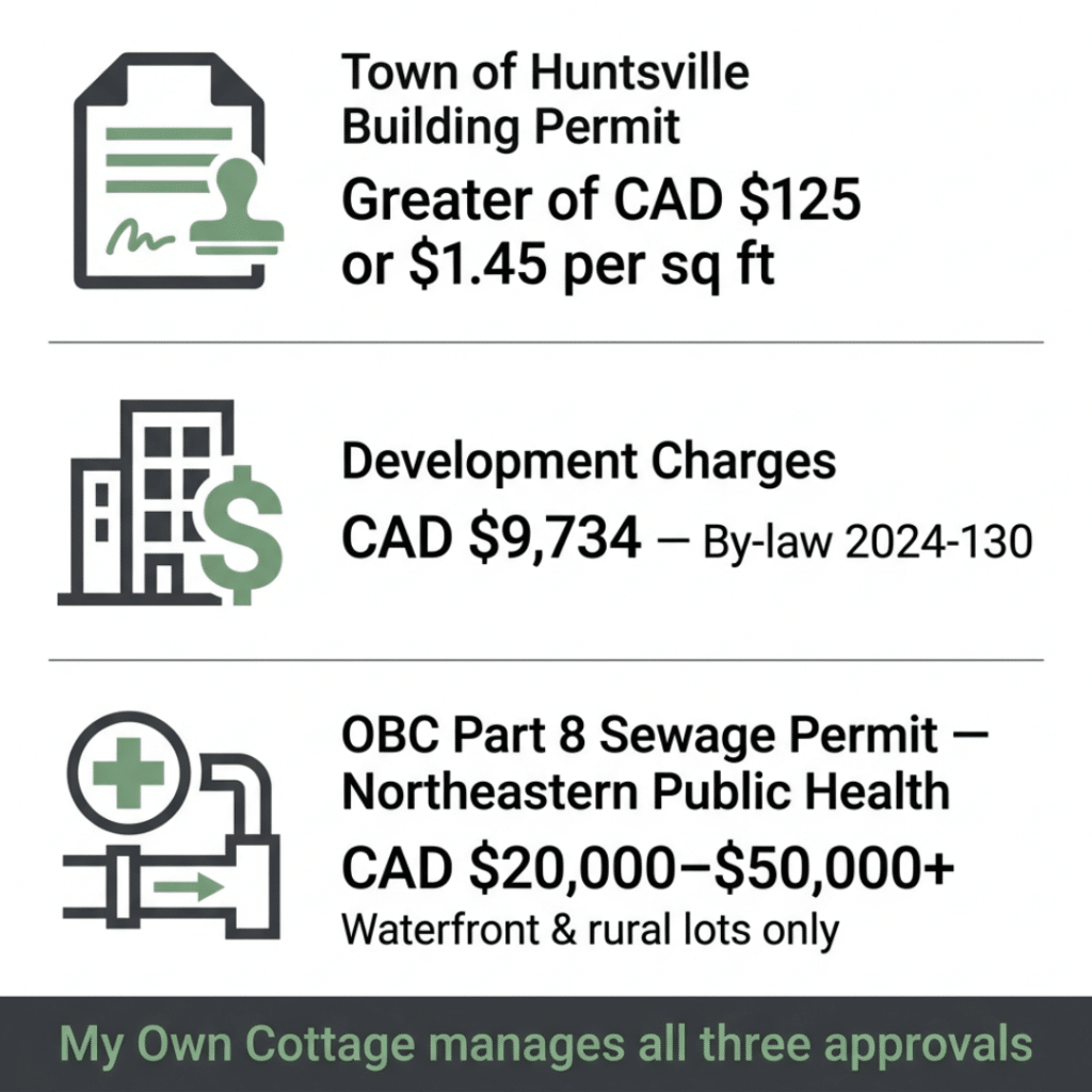 Prefab homes Huntsville Ontario regulatory cost infographic showing building permit fees greater of CAD $125 or $1.45 per square foot development charges CAD $9,734 under By-law 2024-130 and OBC Part 8 sewage system permit required for waterfront lots 2026
