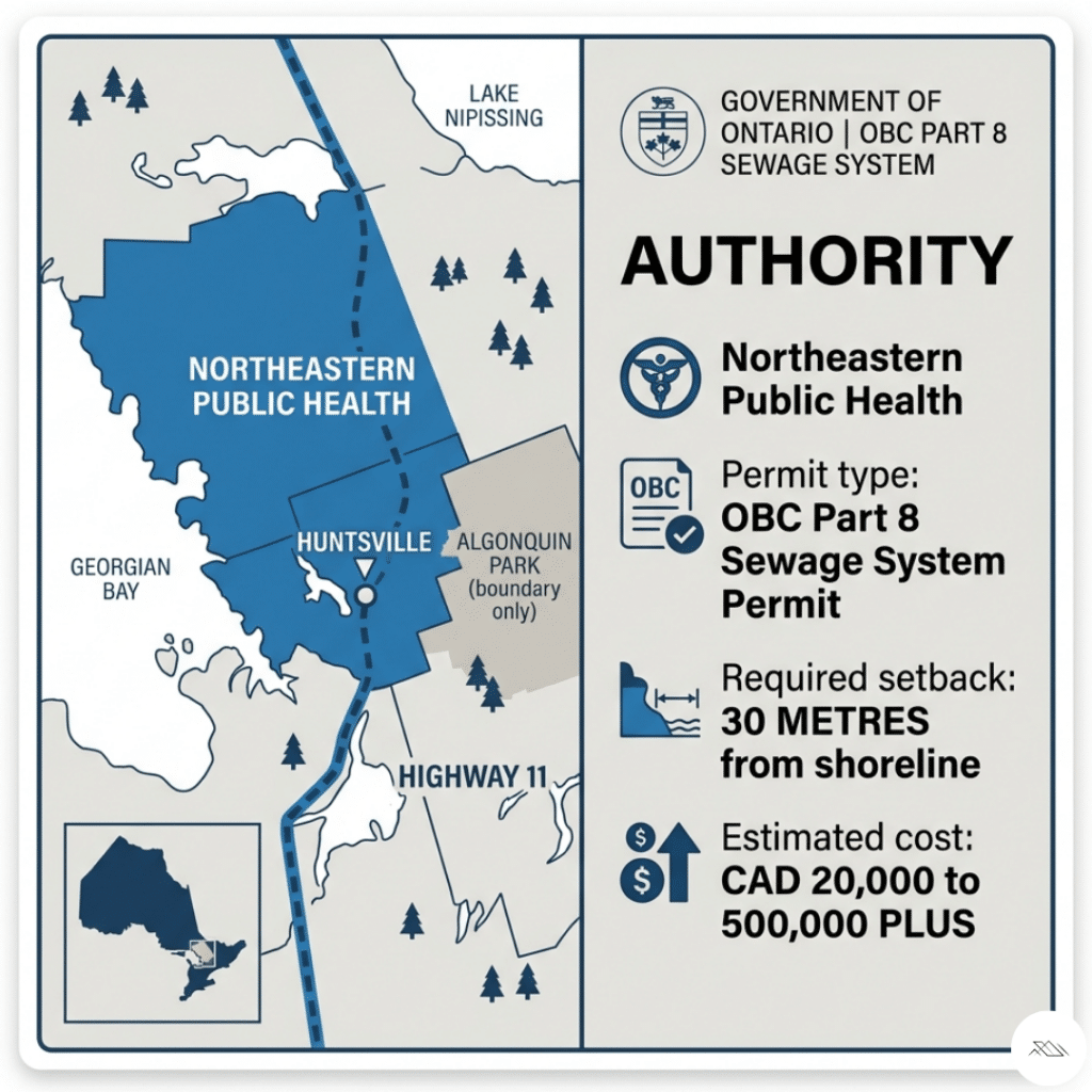 Prefab homes Huntsville Ontario sewage system permit infographic showing Northeastern Public Health jurisdiction map for Huntsville with OBC Part 8 permit requirement 30 metre shoreline setback and typical cost CAD $20,000 to $50,000 plus 2026