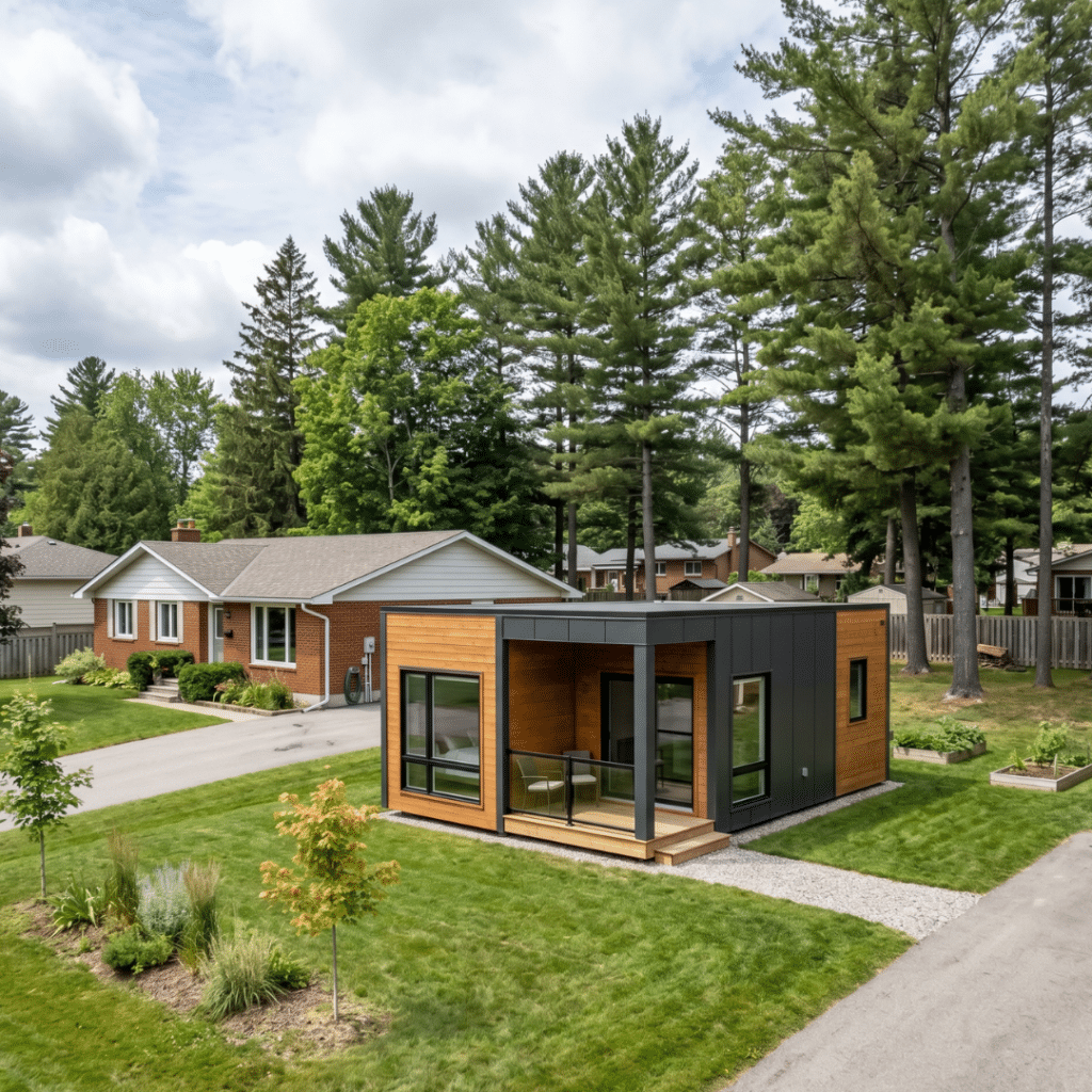 Prefab homes Huntsville Ontario SRDU secondary dwelling unit showing completed compact modular home by My Own Cottage installed in backyard of residential lot for rental income or multigenerational living 2026