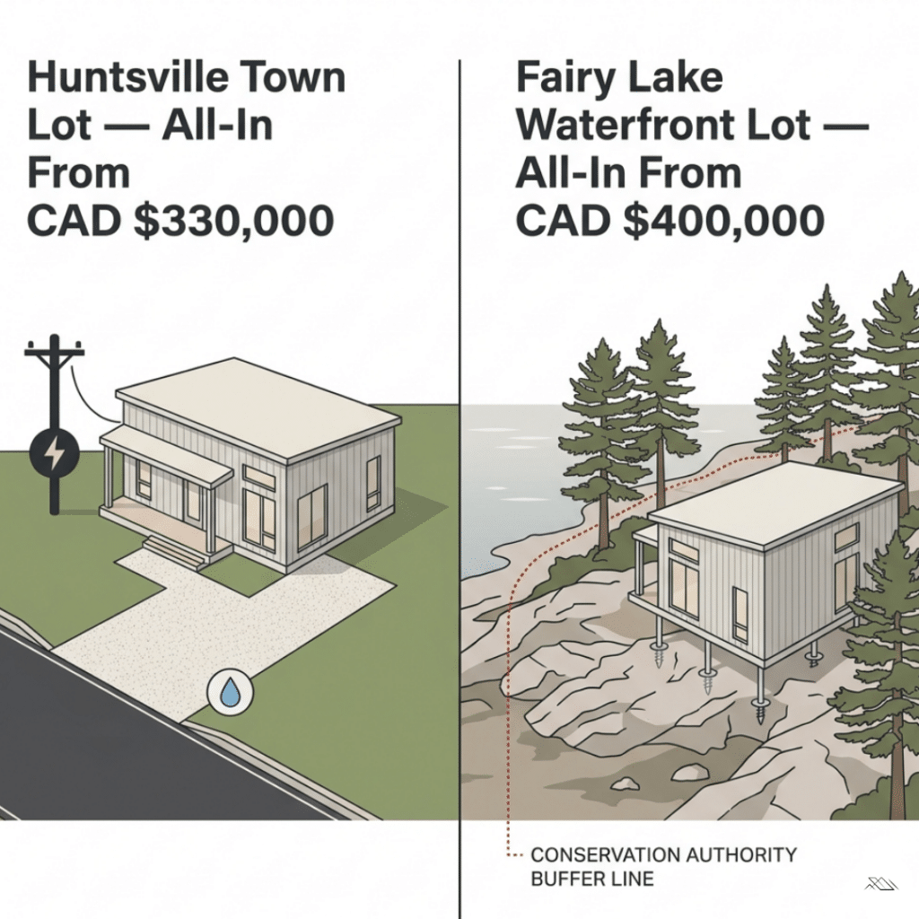 Prefab homes Huntsville Ontario infographic comparing serviced town lot all-in cost from CAD $330,000 versus Fairy Lake waterfront bedrock lot from CAD $400,000 using the same 992 sq ft Orchard modular home model 2026