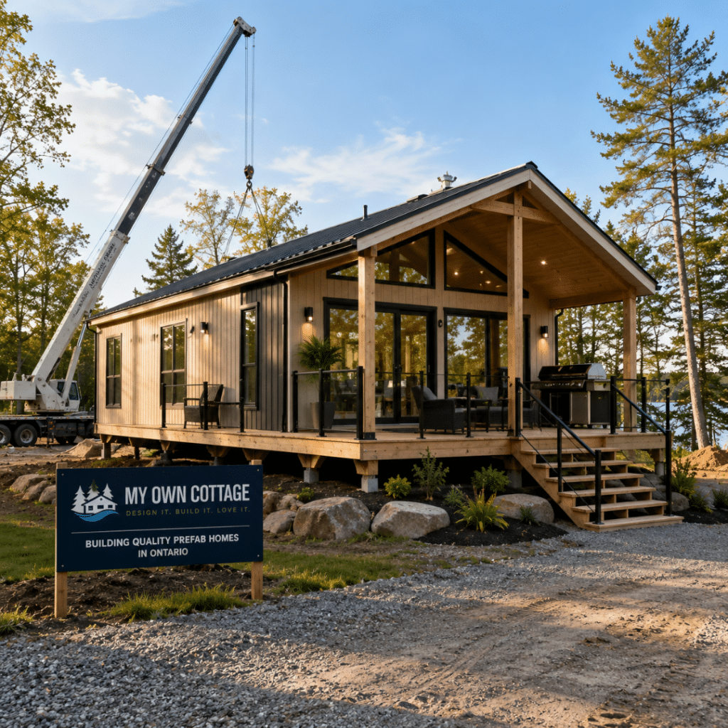 Prefab cottages Brockville: completed prefab cottage on a permanent foundation with the installation crane visible in the background, illustrating final delivery and site installation on an Eastern Ontario property.