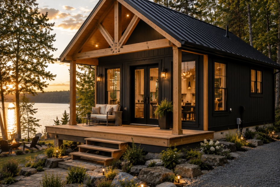Prefab cottages Brockville: completed prefab cottage on a permanent foundation on a wooded Eastern Ontario property with a landscaped lot, gravel driveway, and lake nearby.