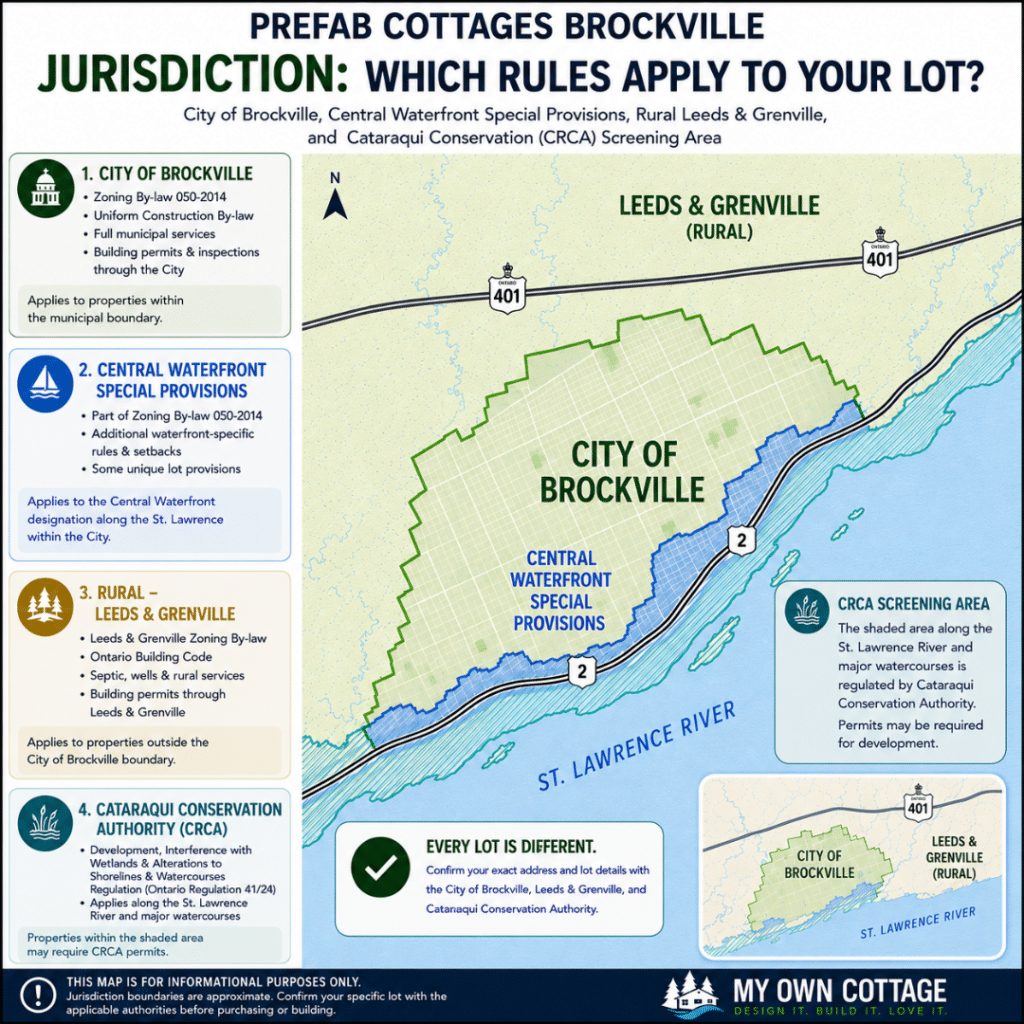 Prefab cottages Brockville jurisdiction map showing the City of Brockville, Central Waterfront special provisions, rural Leeds and Grenville, and the Cataraqui Conservation screening area to help determine which planning and permitting rules apply to a property.