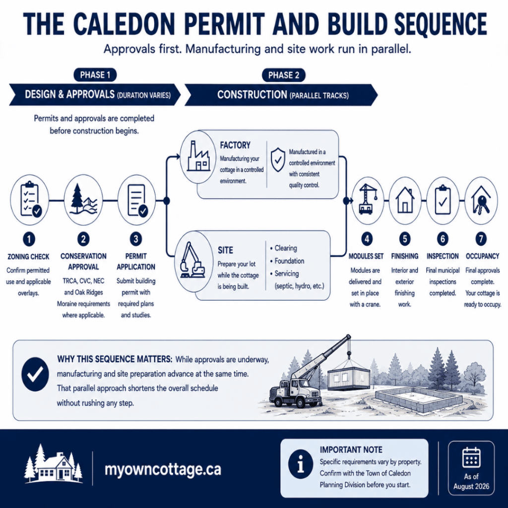 Prefab cottages Caledon timeline showing the permit and build sequence, from zoning and planning approvals through parallel factory construction and site preparation to module installation, inspection and occupancy.