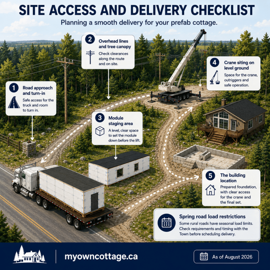 Prefab cottages Caledon site access checklist showing the delivery route, road approach, overhead utility lines and tree canopy, module staging area, crane siting, and building location for modular cottage installation.