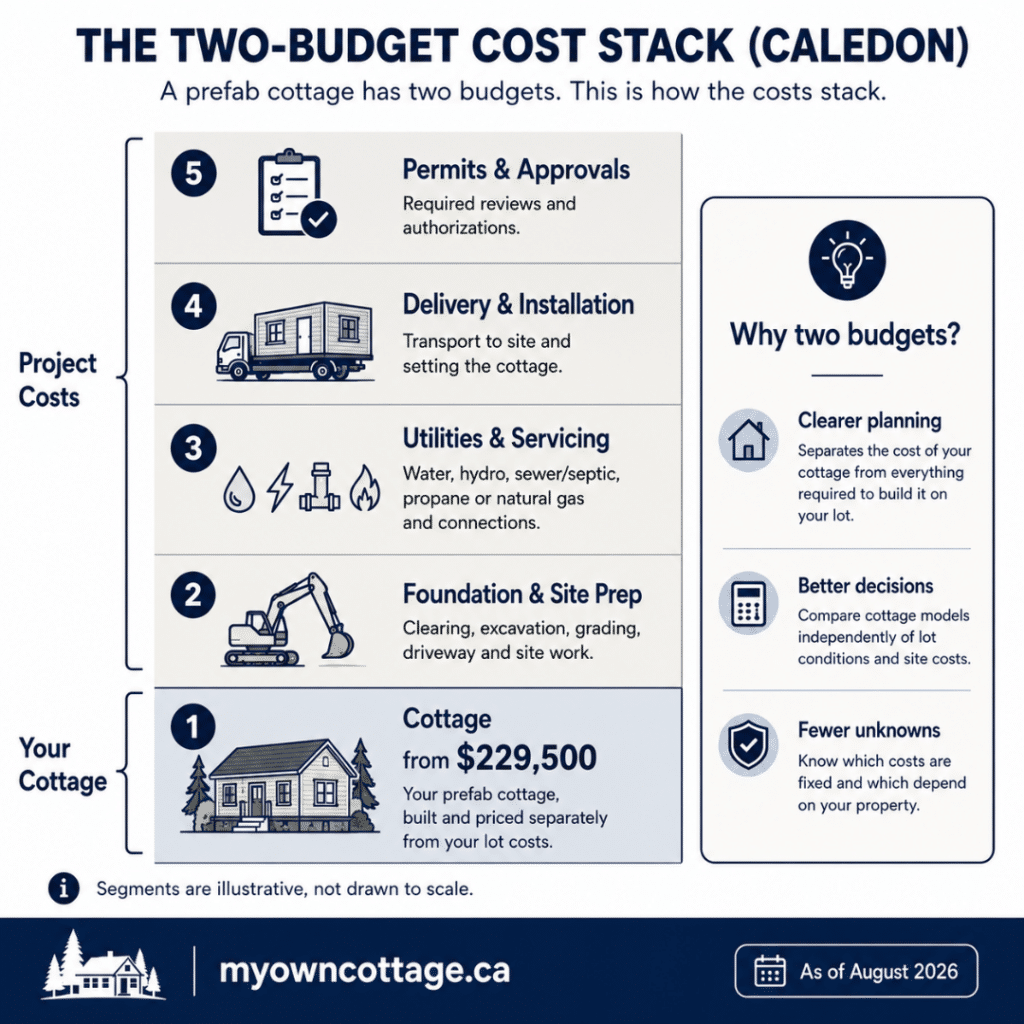 Prefab cottages Caledon infographic showing the two-budget cost breakdown, separating the cottage price from foundation, site preparation, servicing, delivery, installation and permit project costs.