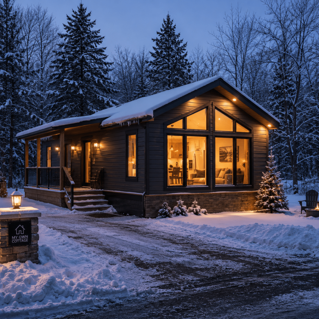 Prefab cottages Grimsby four-season modern prefab cottage during an Ontario winter with snow-covered roof, cleared driveway and warm interior lighting demonstrating year-round living.