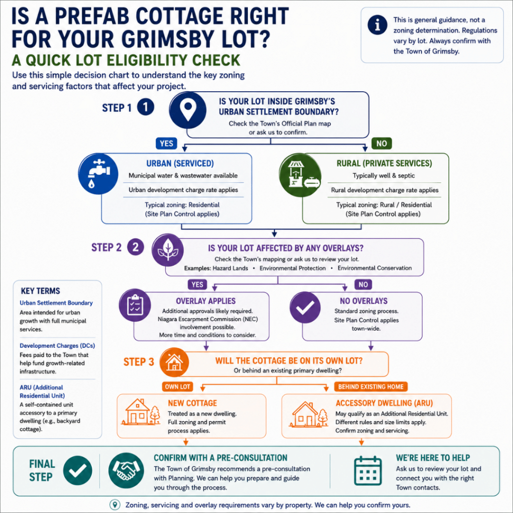 Prefab cottages Grimsby lot eligibility decision chart showing urban and rural servicing, zoning overlays, Niagara Escarpment considerations, additional residential units and the pre-consultation process.