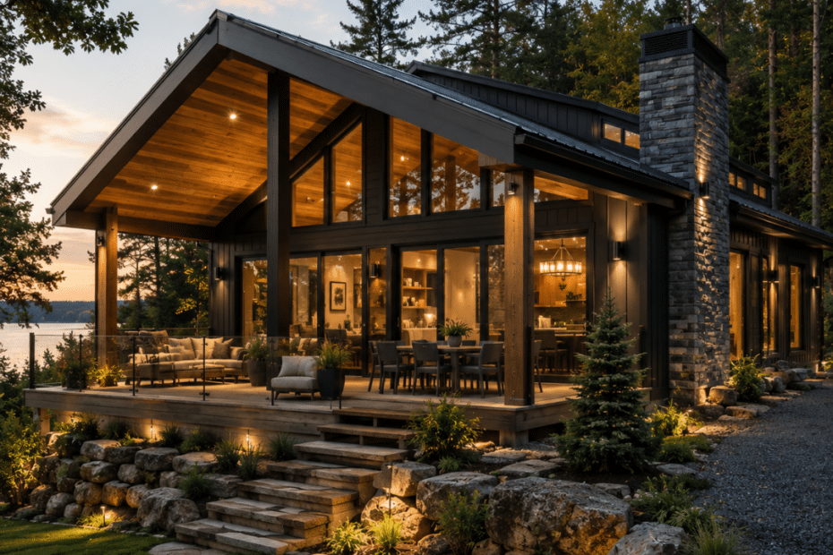Prefab cottages Grimsby modern luxury prefab cottage with contemporary architecture, expansive windows, covered outdoor living space and a landscaped Southern Ontario setting.
